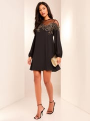 Lipsy Black Long Sleeve Hand Embellished Artwork Mini Shift Dress - Image 3 of 4