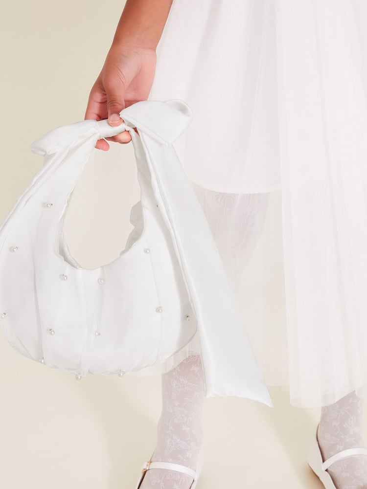 Monsoon Natural Pearly Bow Handle Tulle Bag - Image 1 of 4 Monsoon Natural Pearly Bow Handle Tulle Bag - Image 1 of 4
