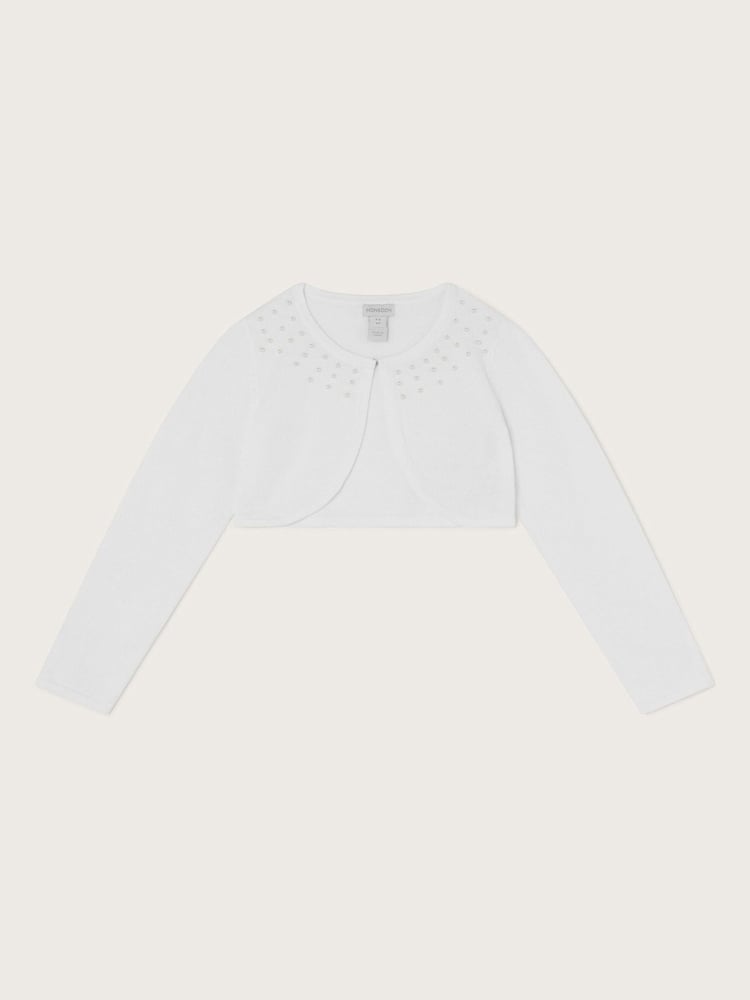 Monsoon White Niamh Pearl Embellished 100% Cotton Cardigan - Image 1 of 3