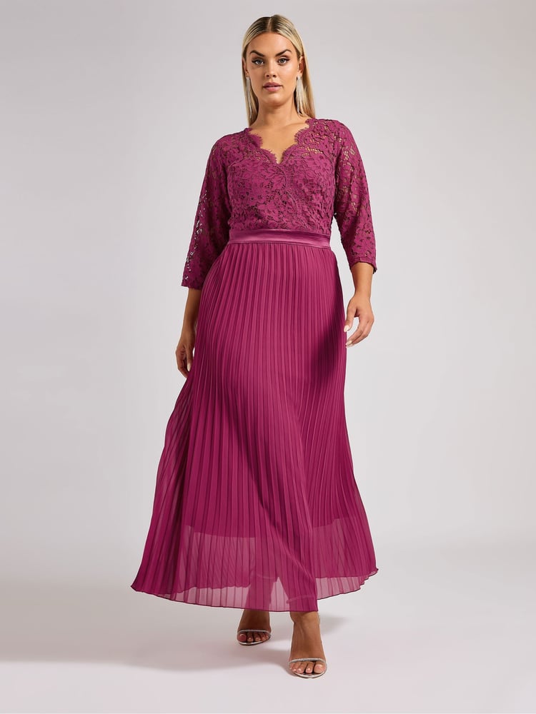 Yours Curve Pink London Lace Pleated Maxi Dress - Image 1 of 5