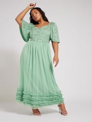 Yours Curve Green Luxe Embellished Ruffle Maxi Dress - Image 1 of 5