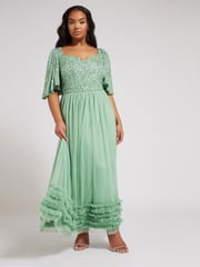 Yours Curve Green Luxe Embellished Ruffle Maxi Dress - Image 2 of 5