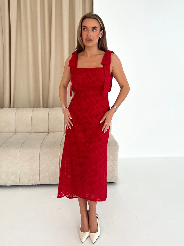 Girl In Mind Red Jovi Tie Shoulder Frill Skirt Midi Dress - Image 1 of 5