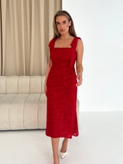 Girl In Mind Red Jovi Tie Shoulder Frill Skirt Midi Dress - Image 2 of 5