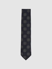 Reiss Navy Ginevra Silk Blend Tie with Medallion Pattern - Image 1 of 4