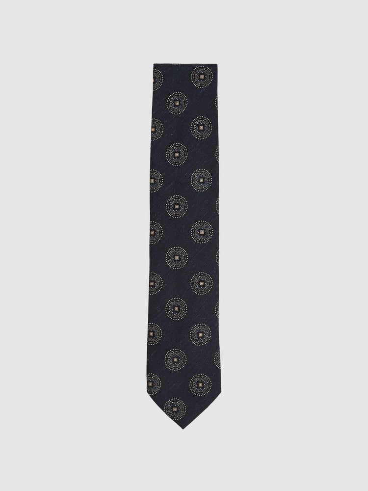 Reiss Navy Ginevra Silk Blend Tie with Medallion Pattern - Image 1 of 4