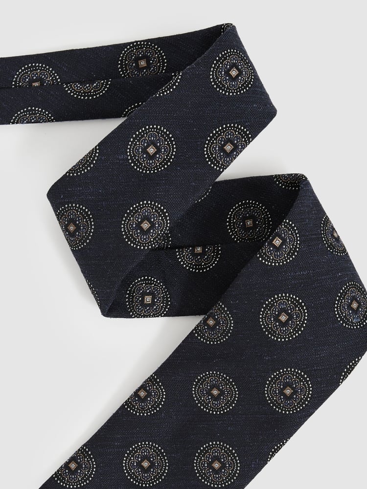 Reiss Navy Ginevra Silk Blend Tie with Medallion Pattern - Image 2 of 4