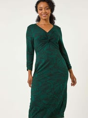 Roman Green Petite Leaf Print Twist Midi Dress - Image 1 of 5