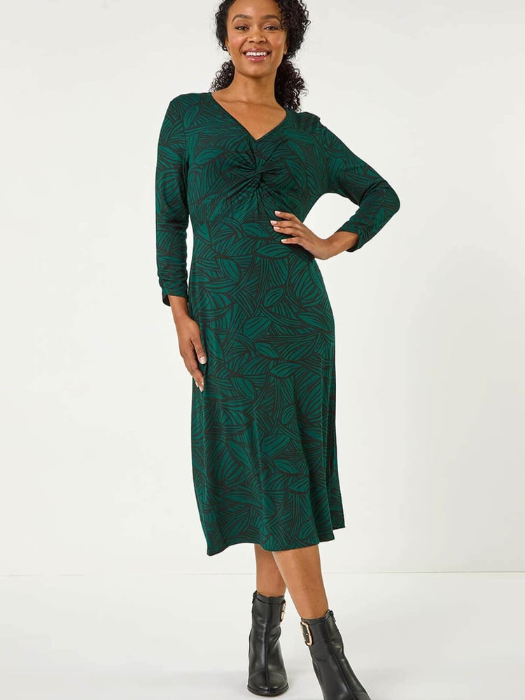 Roman Green Petite Leaf Print Twist Midi Dress - Image 2 of 5