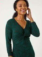 Roman Green Petite Leaf Print Twist Midi Dress - Image 4 of 5