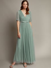 Monsoon Green Ellie Sheer Sleeve Plunge Tulle Maxi Dress - Image 1 of 4