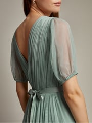 Monsoon Green Ellie Sheer Sleeve Plunge Tulle Maxi Dress - Image 2 of 4