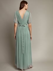 Monsoon Green Ellie Sheer Sleeve Plunge Tulle Maxi Dress - Image 3 of 4