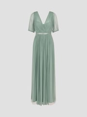Monsoon Green Ellie Sheer Sleeve Plunge Tulle Maxi Dress - Image 4 of 4