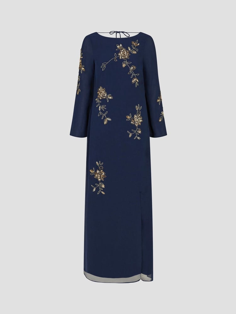 Monsoon Blue Sarah Flute Sleeve Floral Sequin Maxi Dress - Image 4 of 4