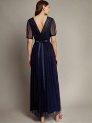 Monsoon Blue Ellie Sheer Sleeve Plunge Tulle Maxi Dress - Image 3 of 5