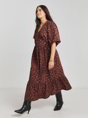 Simply Be Red Puff Sleeve Woven Wrap Midi Dress - Image 1 of 4