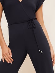 Friends Like These Blue Jersey Wide Leg Wrap Style V-Neck Summer Jumpsuit - Image 4 of 4