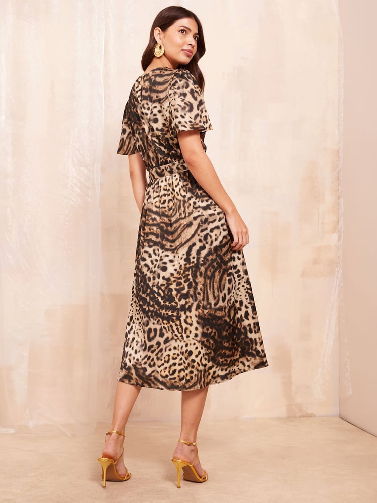 Friends Like These Brown Flutter Sleeve Leopard Print Satin Midi Dress - Image 4 of 4