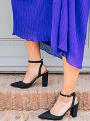 Novo Black Wide Fit Ivie Block Heel Point Toe Ankle Strap Court Shoes - Image 1 of 5