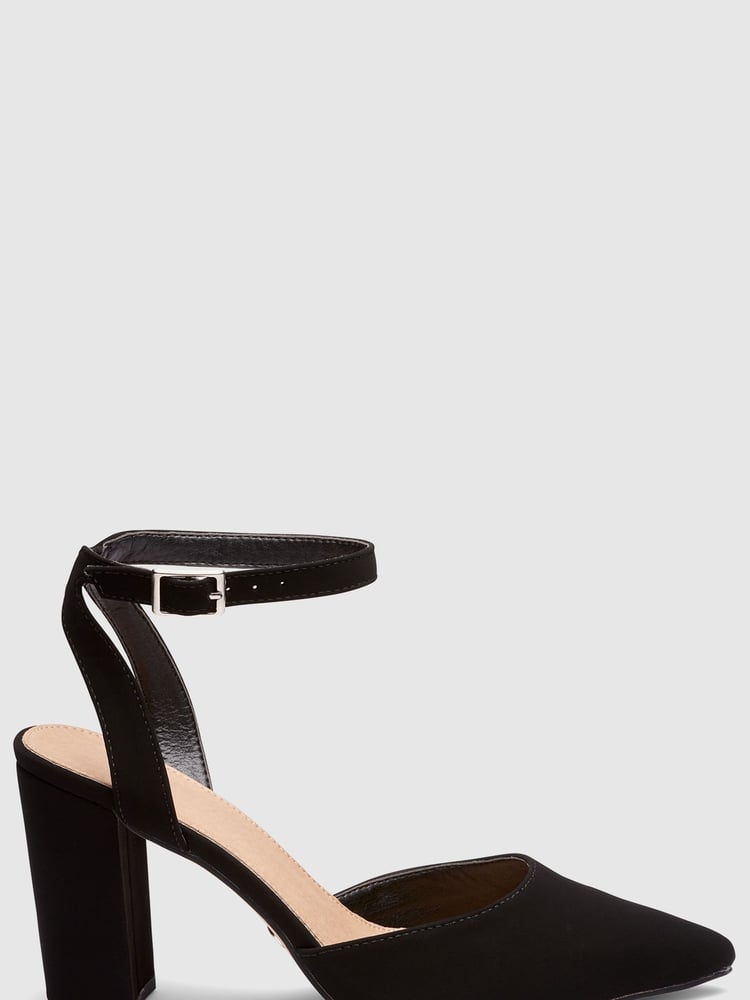 Novo Black Wide Fit Ivie Block Heel Point Toe Ankle Strap Court Shoes - Image 2 of 5