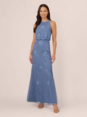 Adrianna Papell Blue Bead Blouson Long Dress - Image 1 of 7