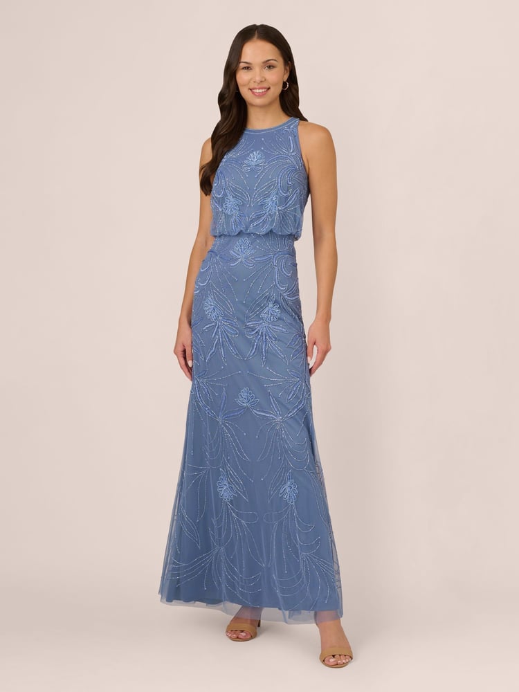Adrianna Papell Blue Bead Blouson Long Dress - Image 1 of 7