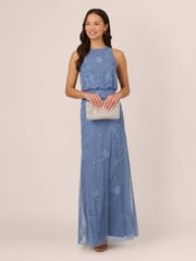 Adrianna Papell Blue Bead Blouson Long Dress - Image 4 of 7