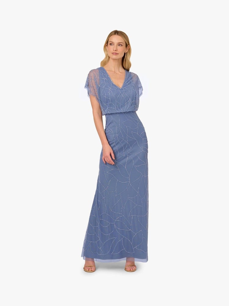 Adrianna Papell Blue Beaded Blouson Long Dress - Image 1 of 6