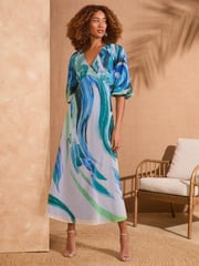 Love & Roses Blue Abstract Petite Printed V-Neck Puff Sleeve Midi Dress - Image 1 of 4