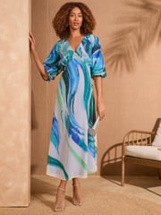 Love & Roses Blue Abstract Petite Printed V-Neck Puff Sleeve Midi Dress - Image 3 of 4