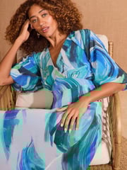Love & Roses Blue Abstract Petite Printed V-Neck Puff Sleeve Midi Dress - Image 4 of 4
