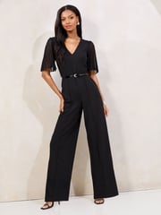 Lipsy Black Petite Pleated Sleeve V-Neck Jumpsuit with Belt - Image 1 of 4