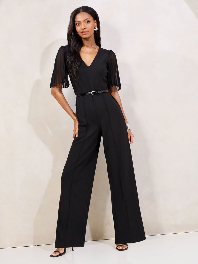 Lipsy Black Petite Pleated Sleeve V-Neck Jumpsuit with Belt - Image 1 of 4