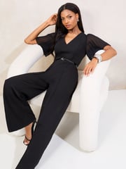 Lipsy Black Petite Pleated Sleeve V-Neck Jumpsuit with Belt - Image 2 of 4