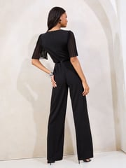 Lipsy Black Petite Pleated Sleeve V-Neck Jumpsuit with Belt - Image 4 of 4