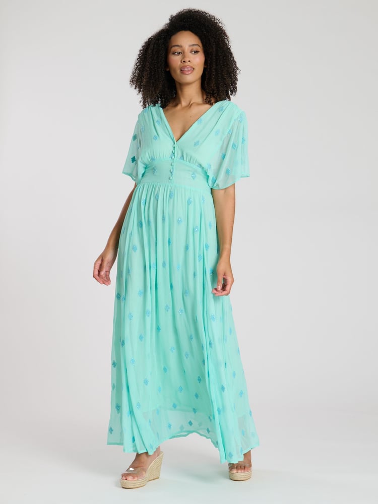 South Beach Green Sequin Detail Button Midi Dress - Image 1 of 1