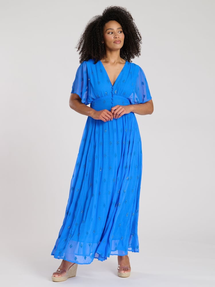 South Beach Blue Sequin Detail Button Midi Dress - Image 1 of 4 South Beach Blue Sequin Detail Button Midi Dress - Image 1 of 4