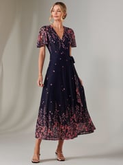 Jolie Moi Blue Mirror Print Mesh Wrap Maxi Dress - Image 1 of 7