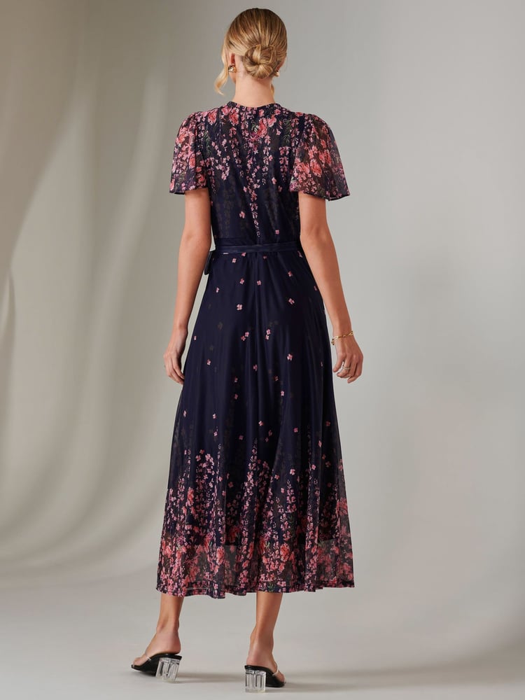 Jolie Moi Blue Mirror Print Mesh Wrap Maxi Dress - Image 2 of 7