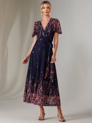Jolie Moi Blue Mirror Print Mesh Wrap Maxi Dress - Image 3 of 7