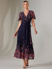 Jolie Moi Blue Mirror Print Mesh Wrap Maxi Dress - Image 4 of 7