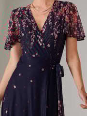 Jolie Moi Blue Mirror Print Mesh Wrap Maxi Dress - Image 5 of 7
