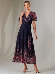 Jolie Moi Blue Mirror Print Mesh Wrap Maxi Dress - Image 6 of 7