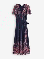 Jolie Moi Blue Mirror Print Mesh Wrap Maxi Dress - Image 7 of 7