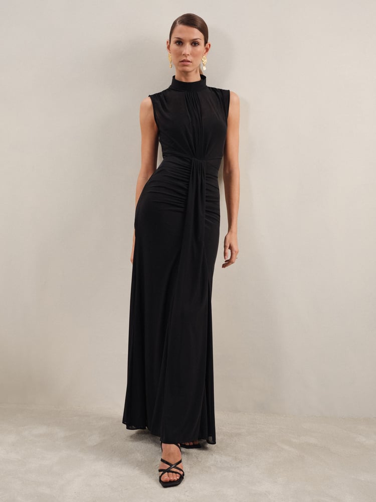 Reiss Black Daniella Sheer Ruched Maxi Dress - Image 1 of 6