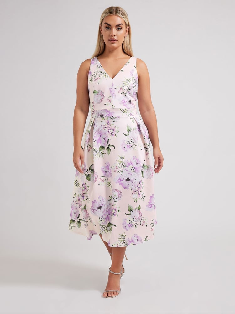 Yours Curve Pink London V-Neck Pleated Dress - Image 2 of 5