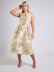 Yours Curve Gold London Jacquard Floral Notch Neck Dress - Image 1 of 5