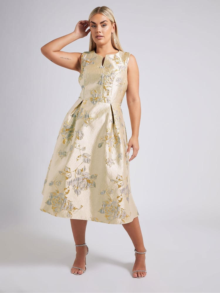 Yours Curve Gold London Jacquard Floral Notch Neck Dress - Image 1 of 5 Yours Curve Gold London Jacquard Floral Notch Neck Dress - Image 1 of 5