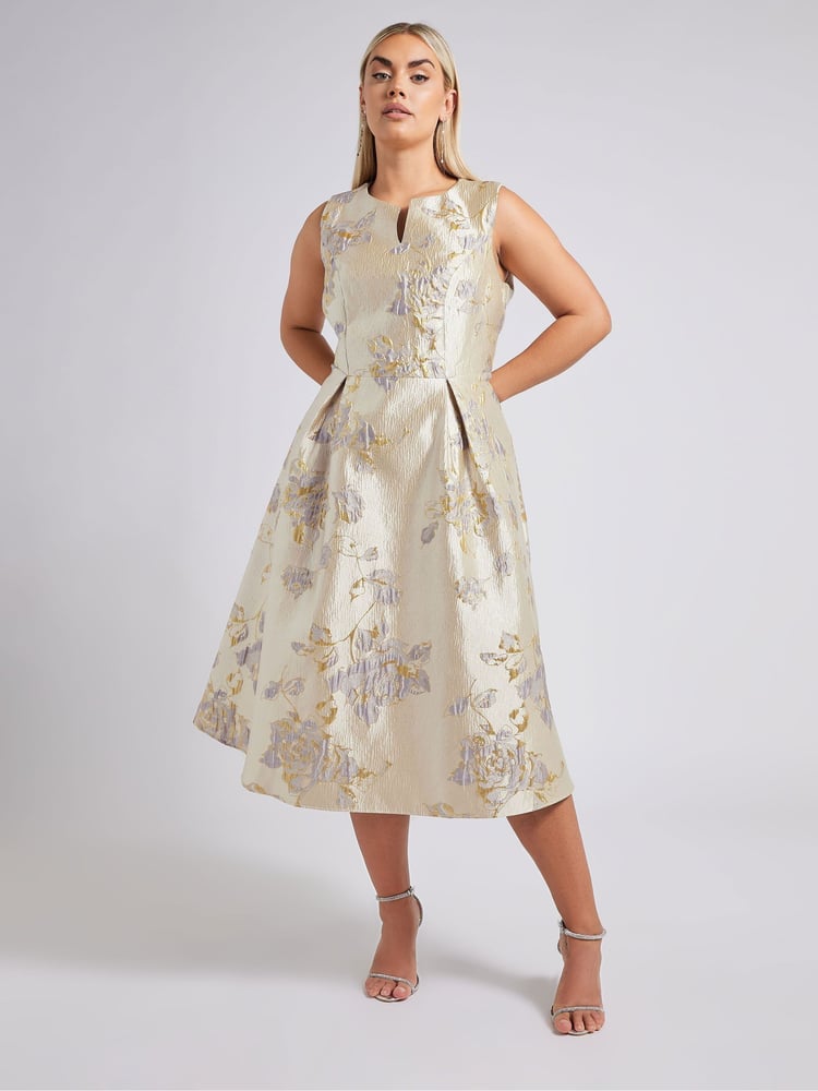 Yours Curve Gold London Jacquard Floral Notch Neck Dress - Image 2 of 5 Yours Curve Gold London Jacquard Floral Notch Neck Dress - Image 2 of 5